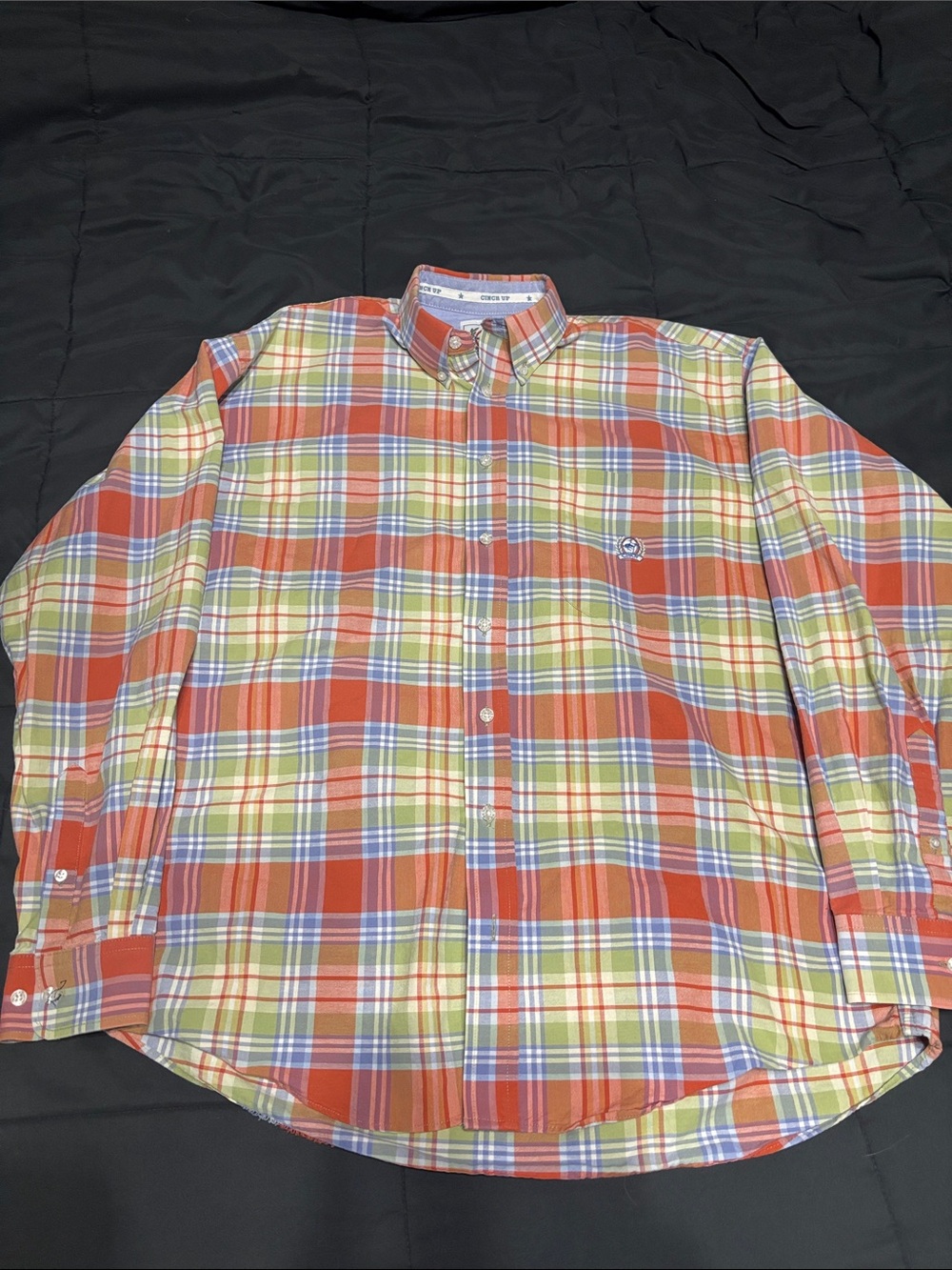 Cinch Orange Plaid Button-Down with Green and Blue Stripes